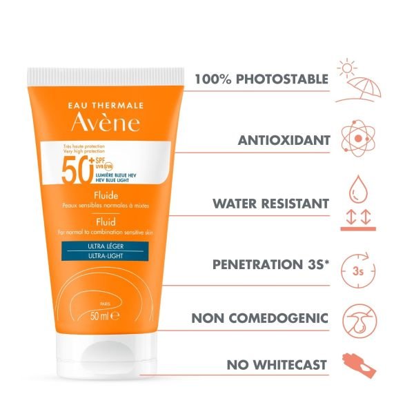 avene very high protection SPF 50 sunscreen fluid for normal to combination sensitive skin sunscreen
